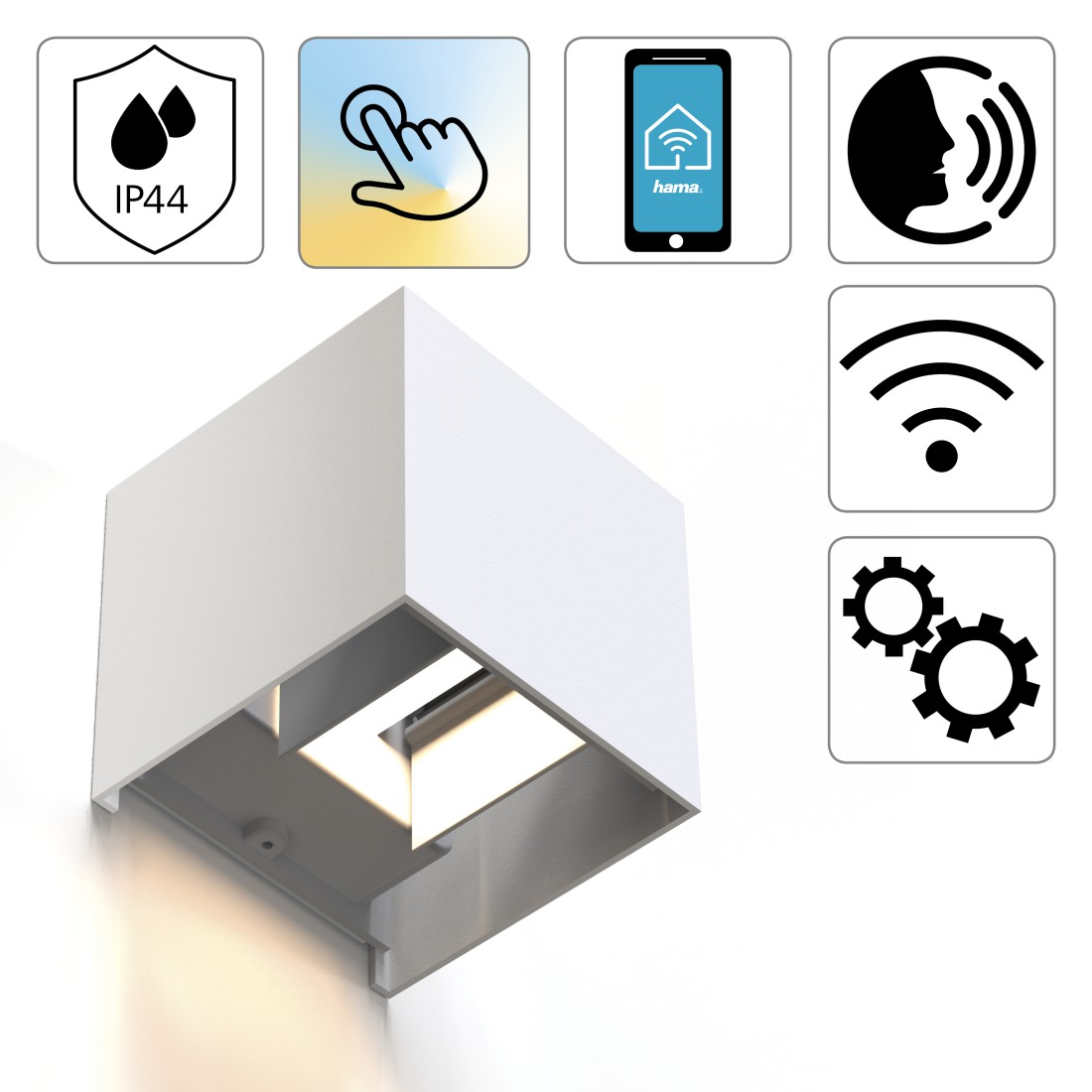 Weiße Wandleuchte mit Symbolen für Wasserfestigkeit, Berührung, WLAN und mehr.