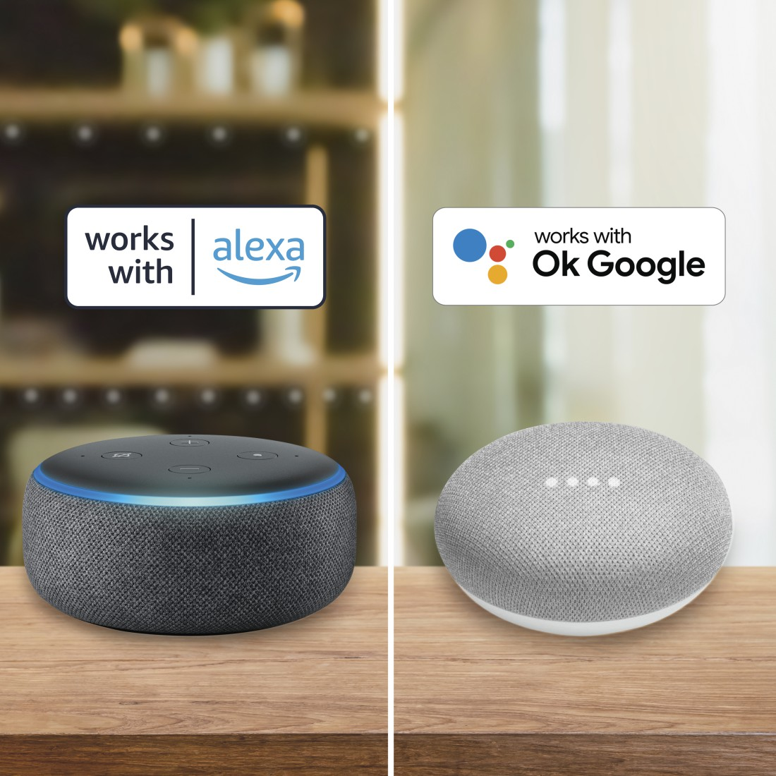 Zwei Smart Speaker: einer grau, einer dunkel, mit Alexa- und Google Assistant-Logos.