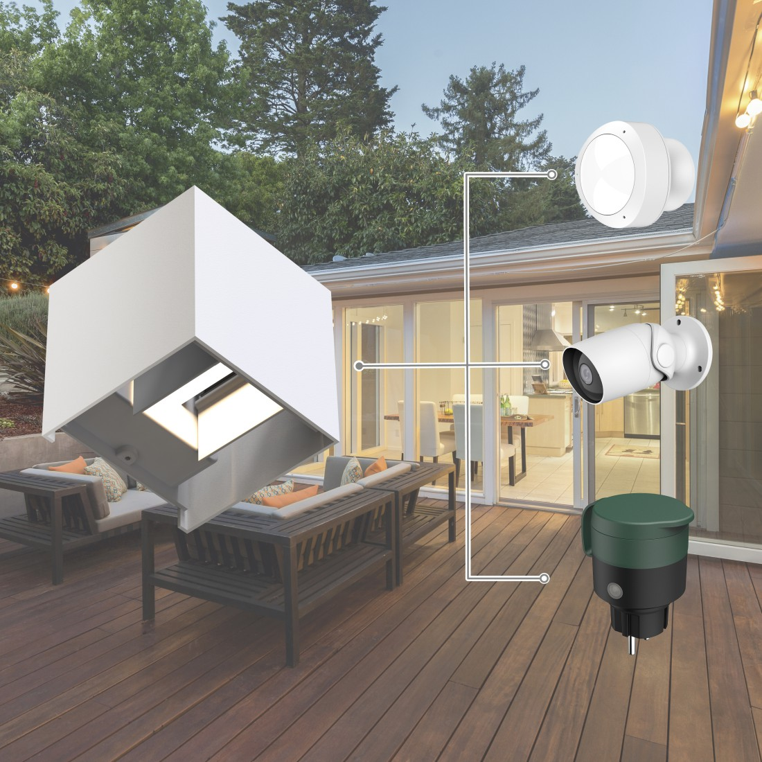 Outdoor-Sicherheitssystem: ein großes weißes Licht und 3 Überwachungskameras auf einer Holzterrasse.
