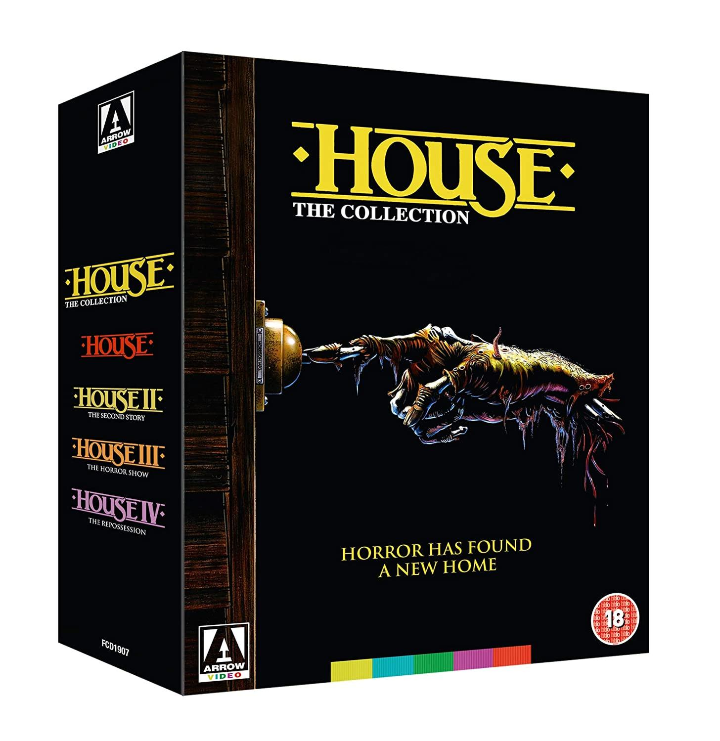 Box set of horror films, with a hand reaching for a doorknob.