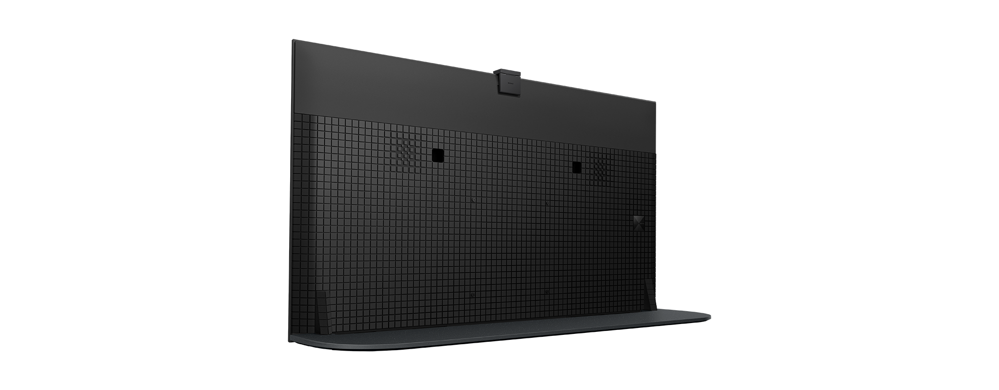 Schwarze TV-Rückwand mit Rasteroberfläche und zwei Aussparungen auf schwarzem Hintergrund.