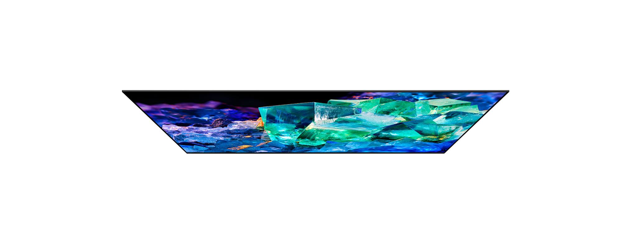 Ein schwarzer, breiter Bildschirm mit einer geometrischen Darstellung von blau-türkisen Kristallen.