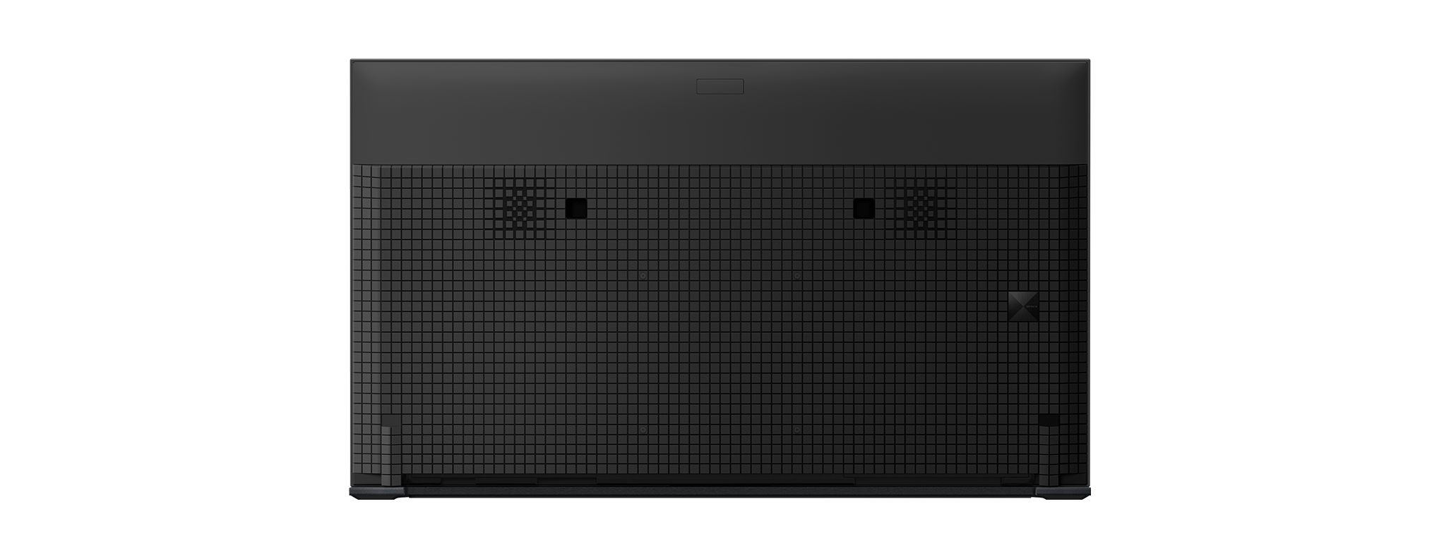 Schwarze TV-Rückwand. Zeigt Anschlüsse und ein Gittermuster. Isoliert auf schwarzem Hintergrund.