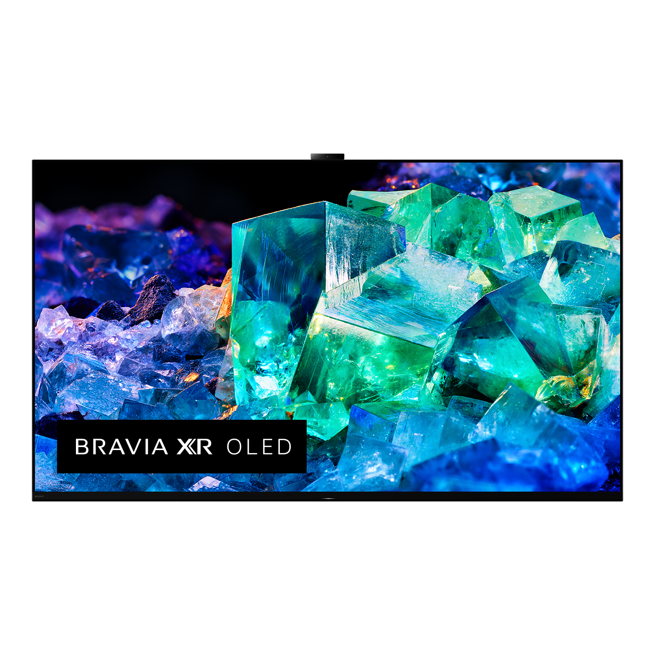 Sony Bravia XR OLED TV, das ein lebendiges blau-grünes abstraktes Bild anzeigt. Schwarzer Hintergrund.