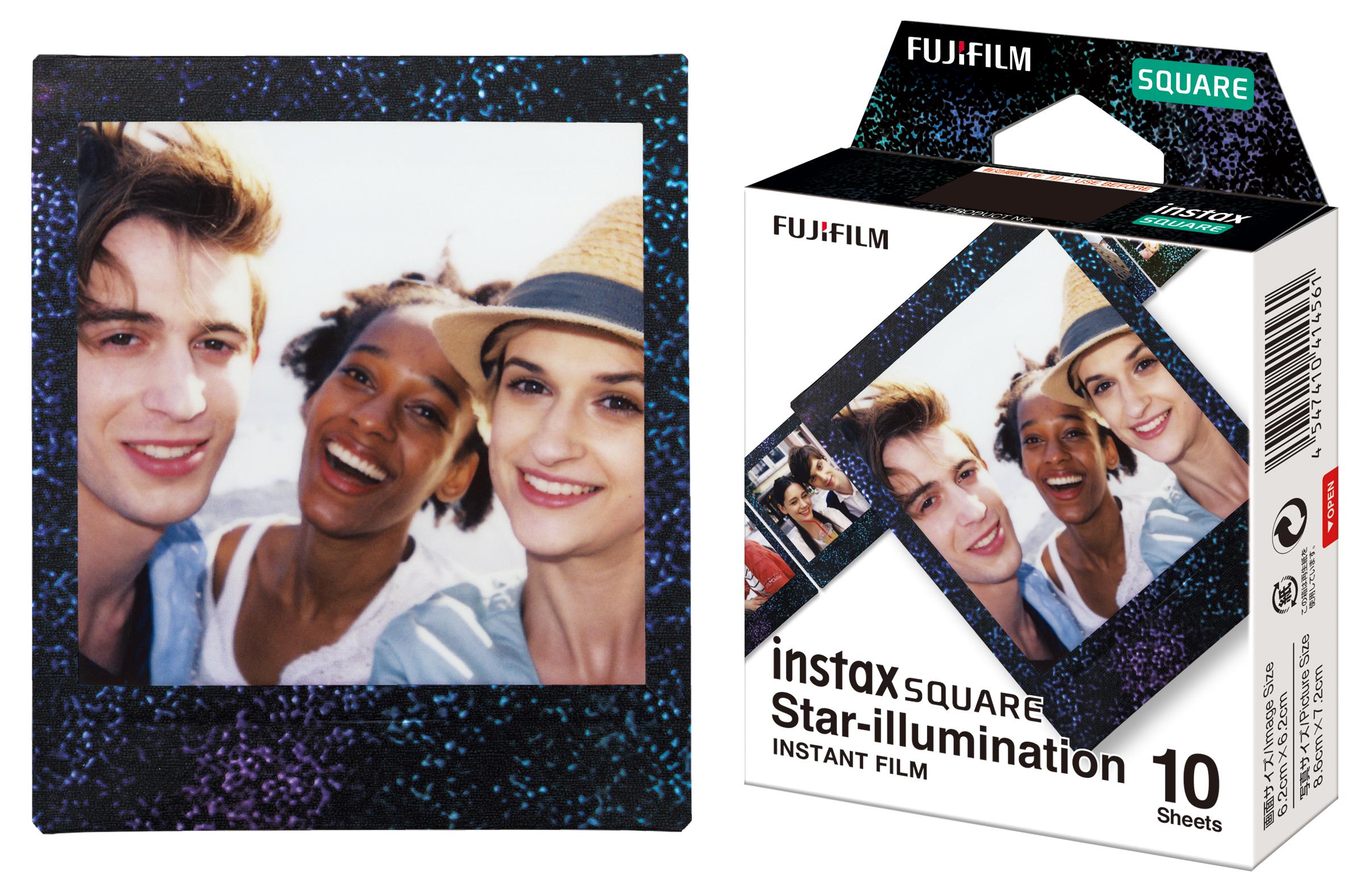 Dört gülümseyen genç yetişkin fotoğrafının yanında Fujifilm Instax Square film kutusu.
