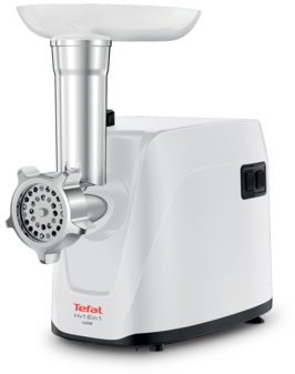 Fehér Tefal Hv16in1 húsdaráló fekete alappal, fehér háttér előtt.