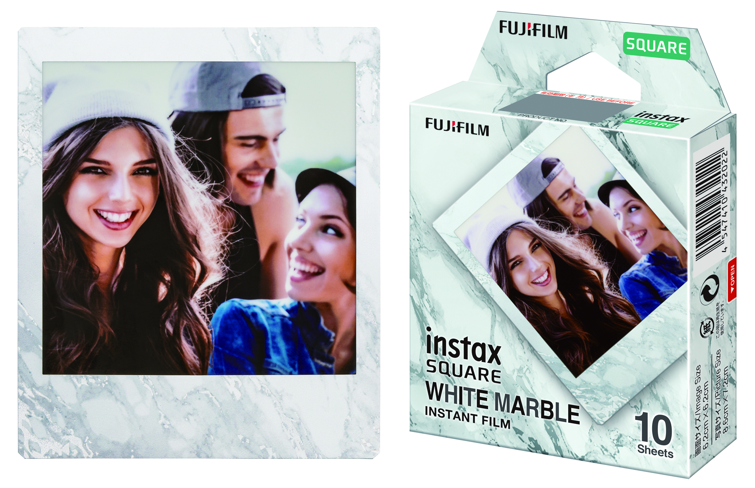 Üç gülen insanla Instax fotoğrafı ve beyaz arka plan üzerinde bir Instax kare film kutusu.