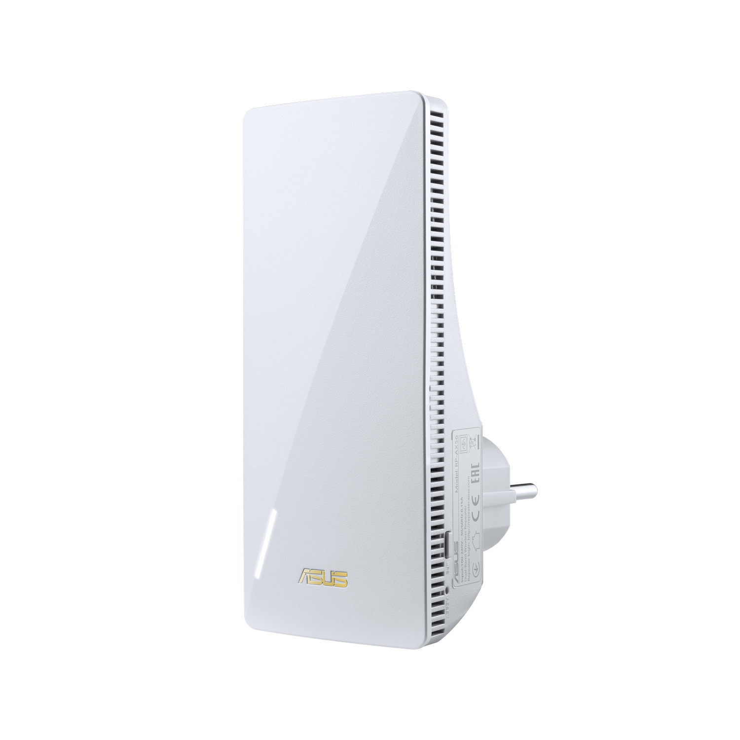Extensor Wi-Fi blanco con enchufe y logo ASUS. Fondo negro.