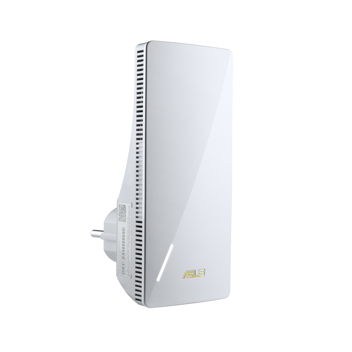 Extensor WiFi ASUS blanco con enchufe sobre fondo oscuro.