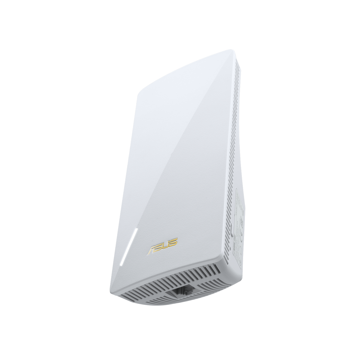 Un enrutador WiFi ASUS blanco con diseño en ángulo, logotipo ASUS dorado y fondo oscuro.
