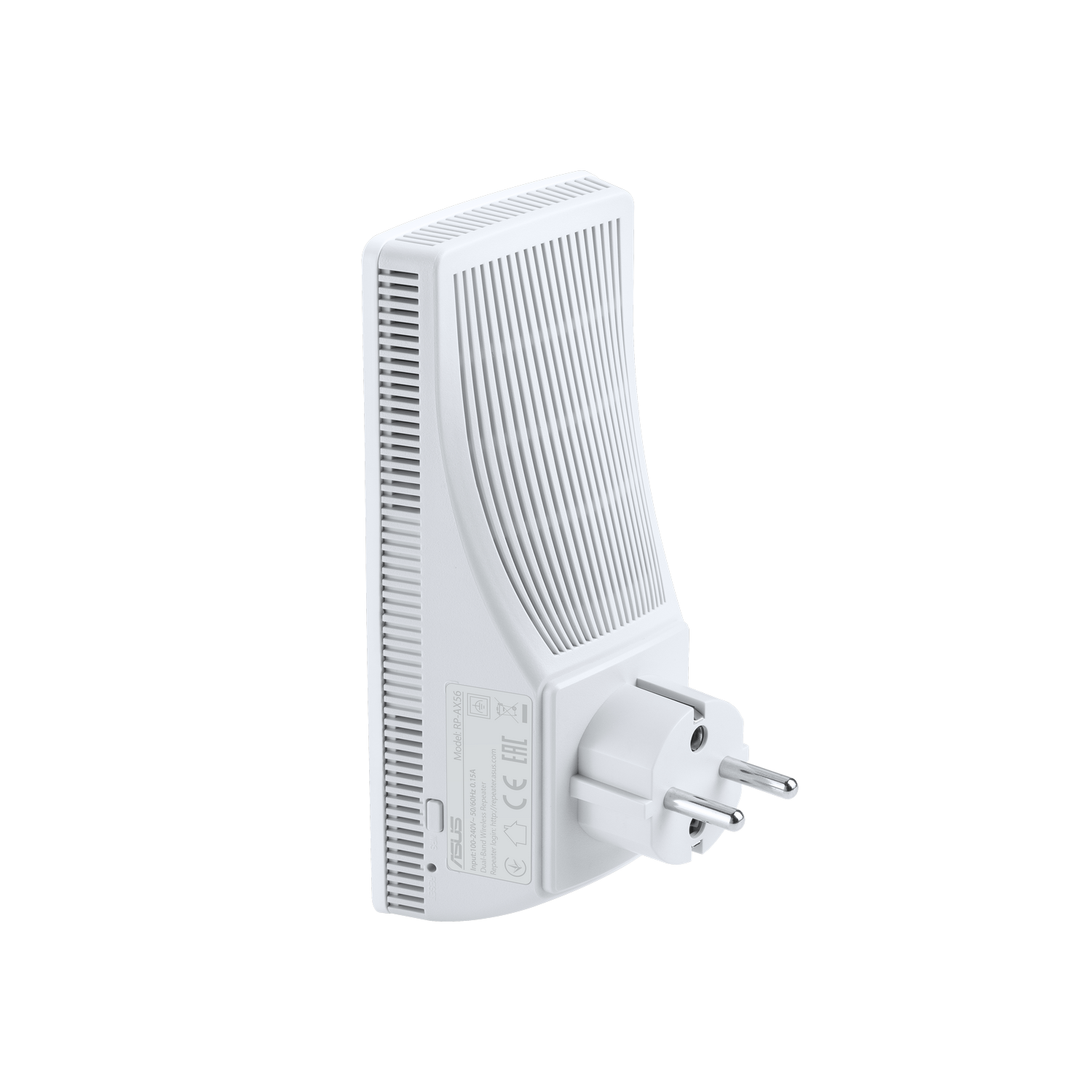 Un extensor Wi-Fi blanco montado en la pared con un enchufe, sobre fondo negro.