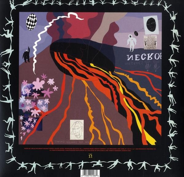 Albumcover mit abstrakter Kunst mit Vulkan und Figuren.