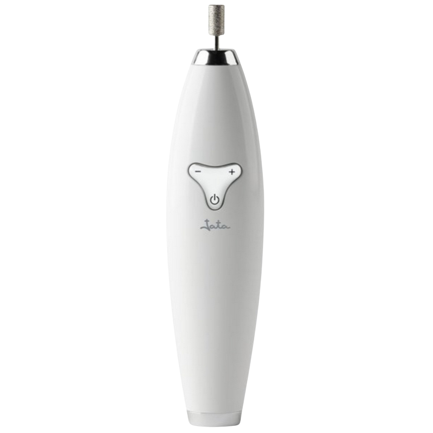 Dispositivo de taladro de uñas blanco con botones de encendido y velocidad sobre fondo negro.