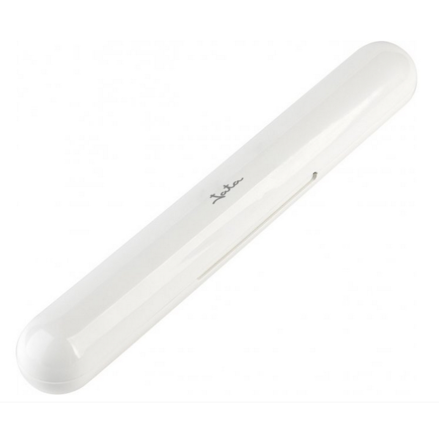 Un tubo blanco, largo, de forma ovalada. El texto 'Jata' está impreso en el tubo. Parece ser una funda.