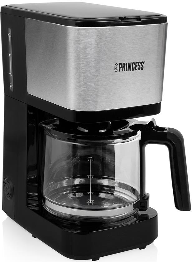Una caffettiera Princess nera e in acciaio inossidabile, con una caraffa in vetro.