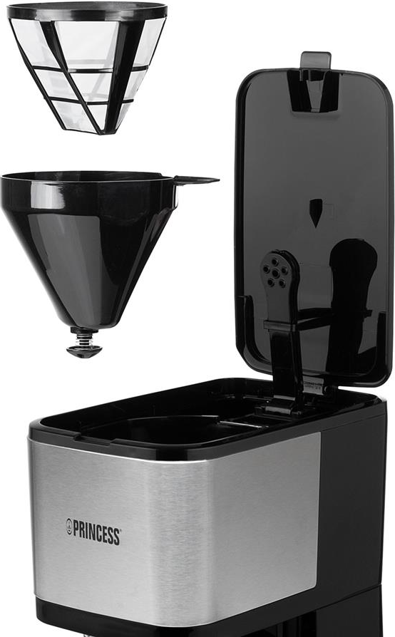 Parti della macchina da caffè: filtro, imbuto e base. Nero e argento. Sfondo bianco.
