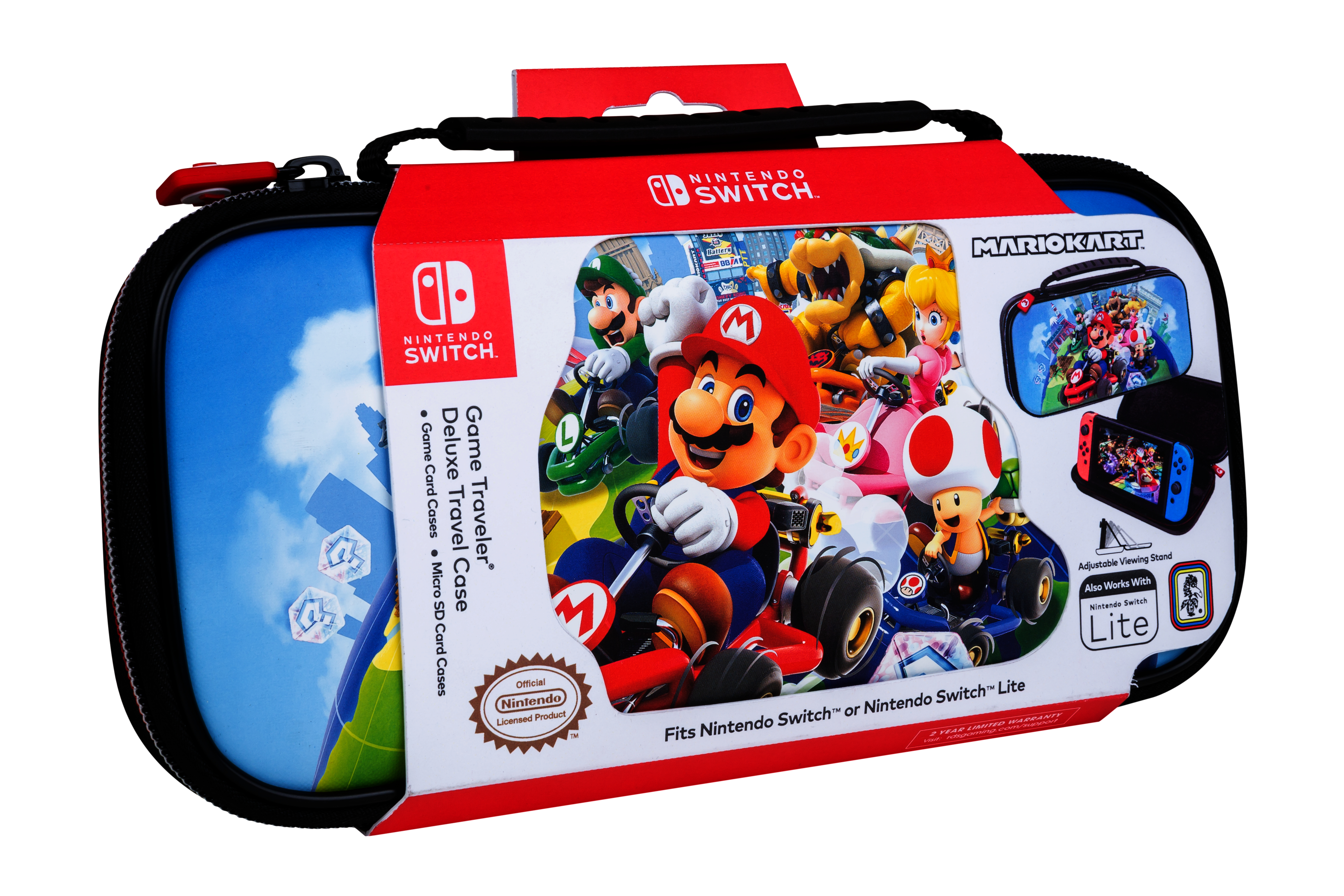 Nintendo Switch Spielhülle mit Mario. Hat Spielkarten und einen Griff. Rot und blau.