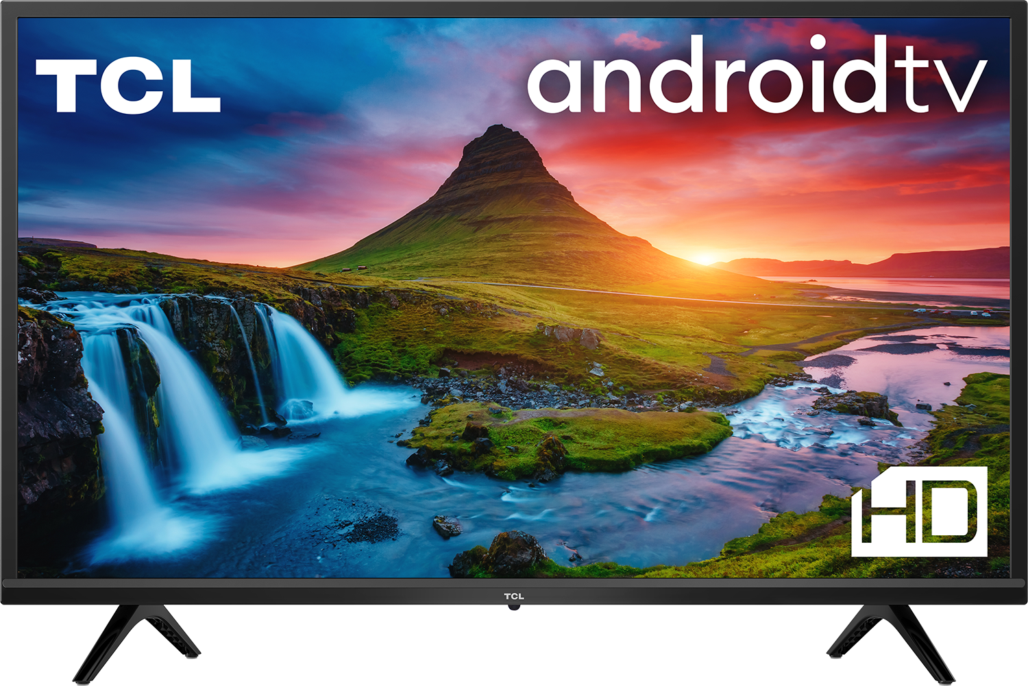 TCL Android TV toont een watervalscène. Het scherm toont een waterval en een berg met zonsondergang.