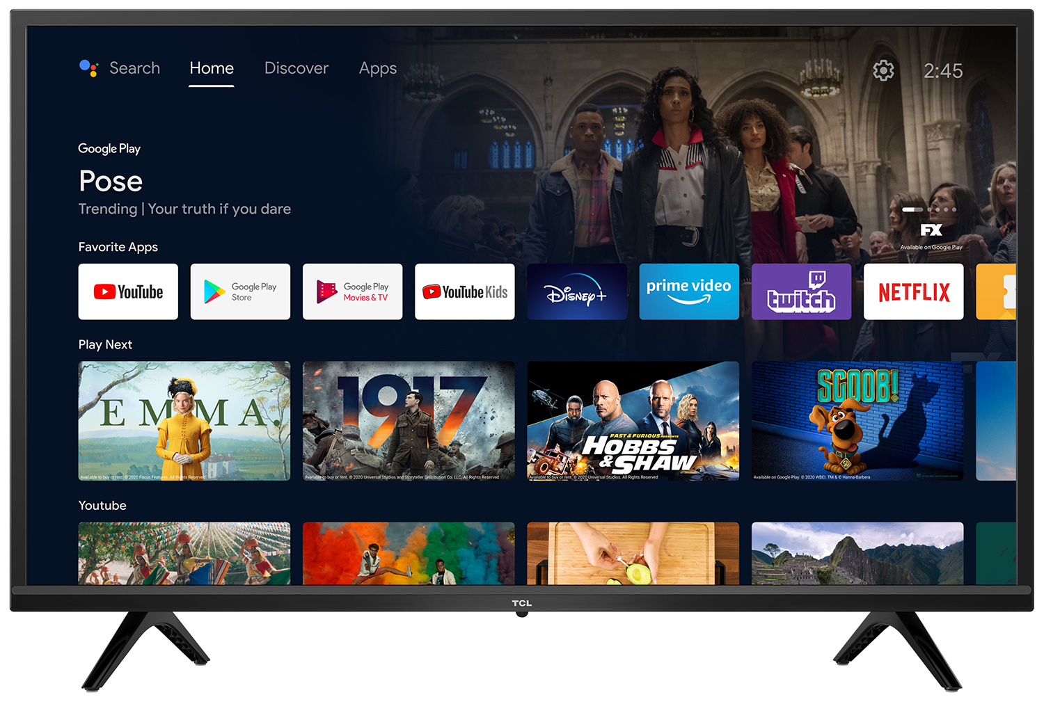 TCL TV met een menu met apps en shows. Zwart frame, standaards. Binnen.