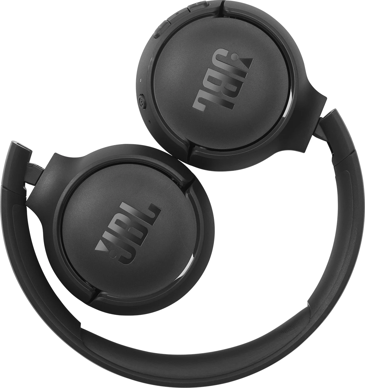 Cuffie JBL nere, piegate. Il logo JBL è visibile su ciascun padiglione.