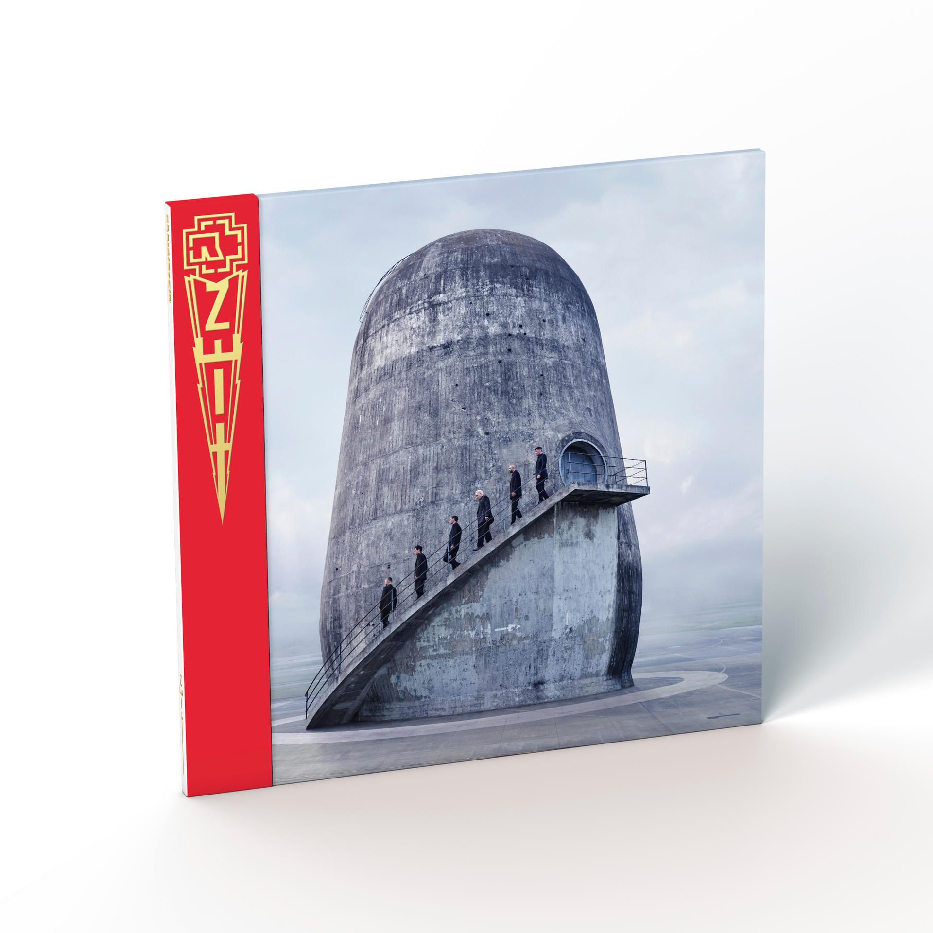 Album cover of Rammstein's Zeit. A concrete tower with figures ascending stairs. Red trim.