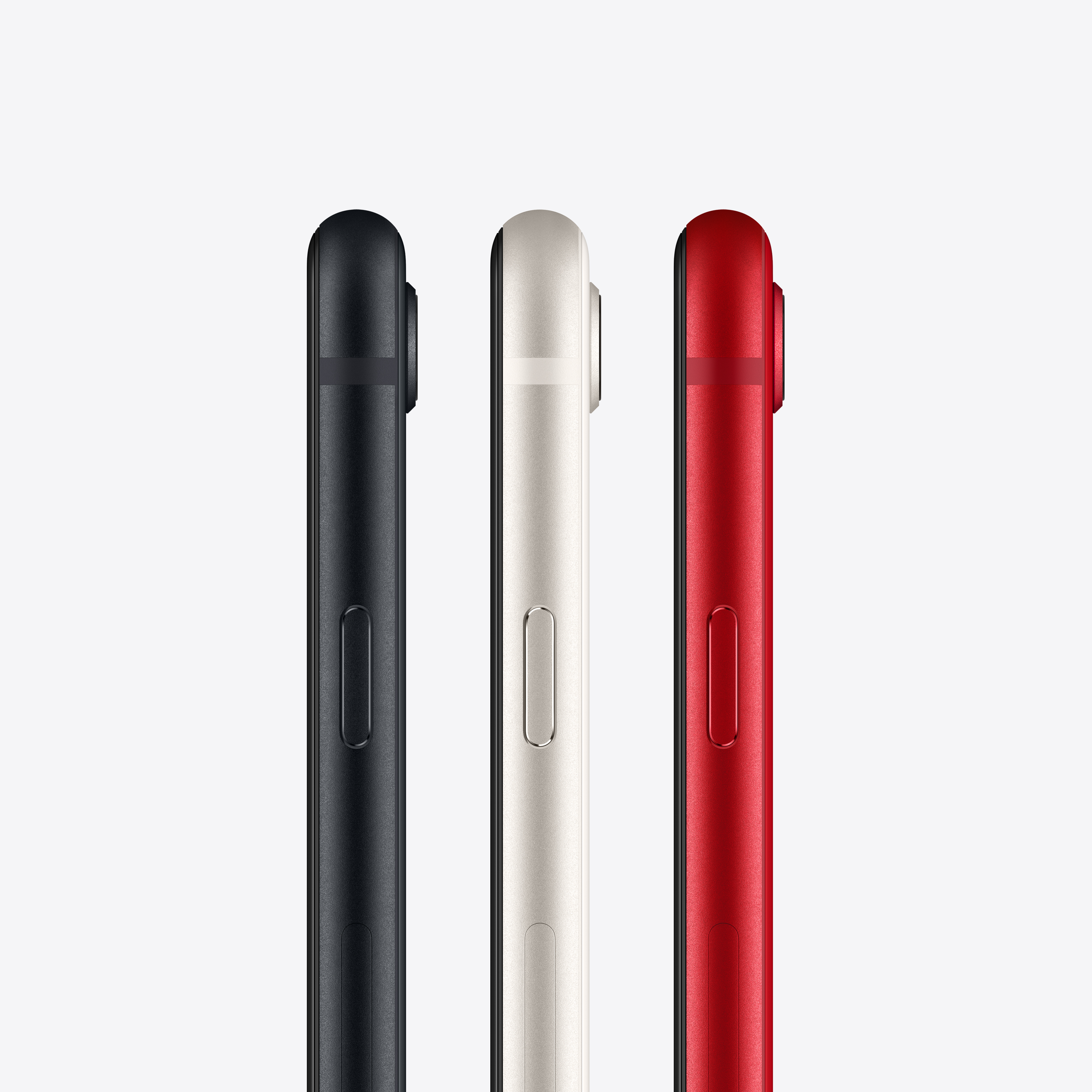 Drei iPhones Seitenansicht, schwarz, weiß und rot, in einer Reihe auf weißem Hintergrund angeordnet.