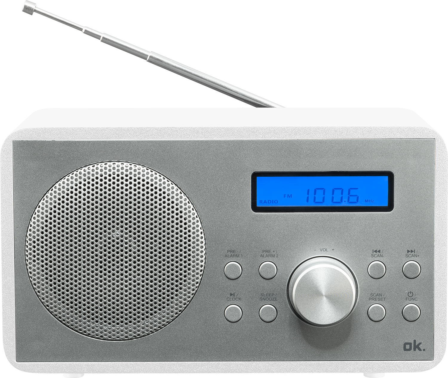 Een zilveren en grijze radio met een blauw display.
