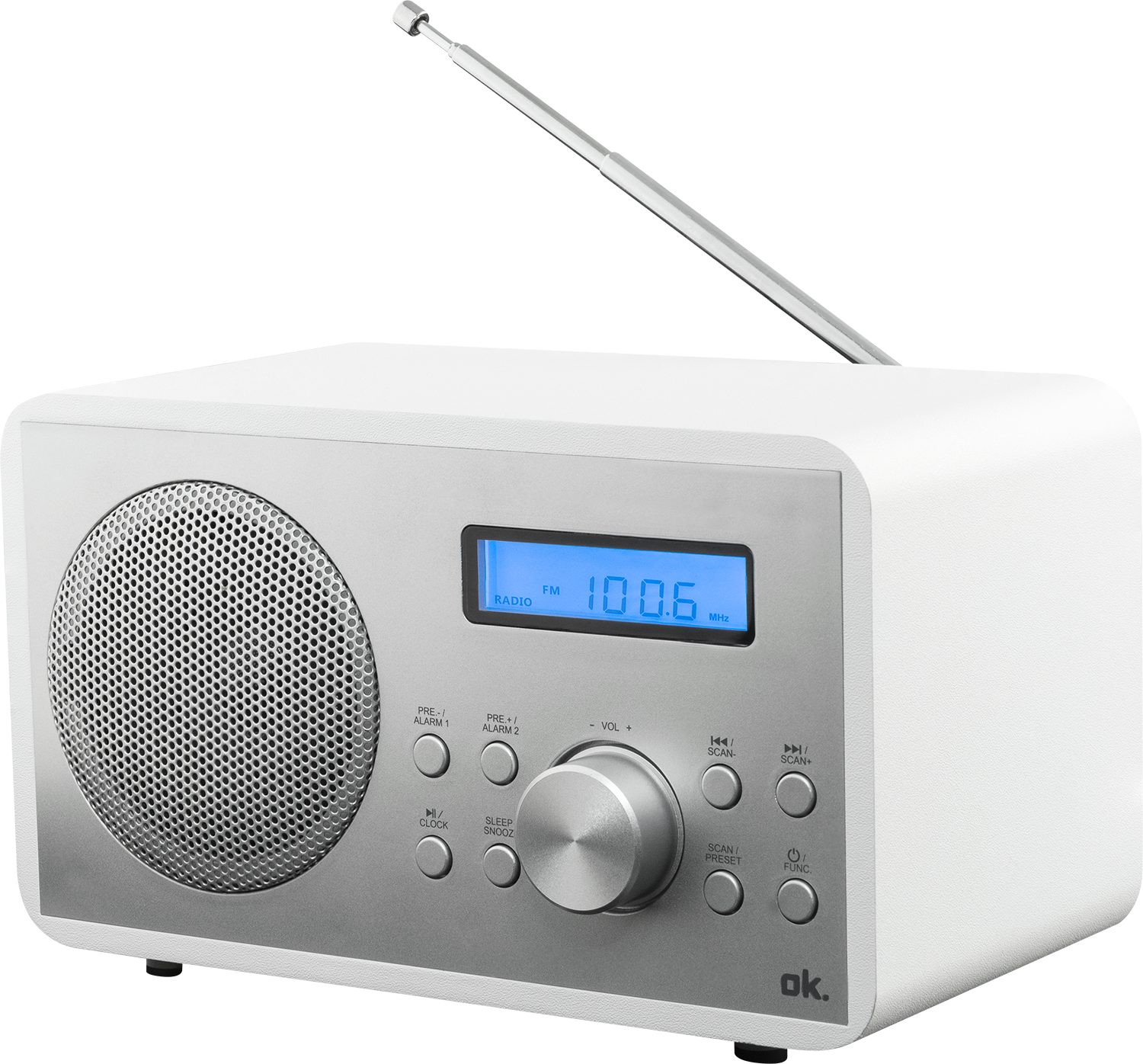 Een witte en zilveren radio met een digitaal display.