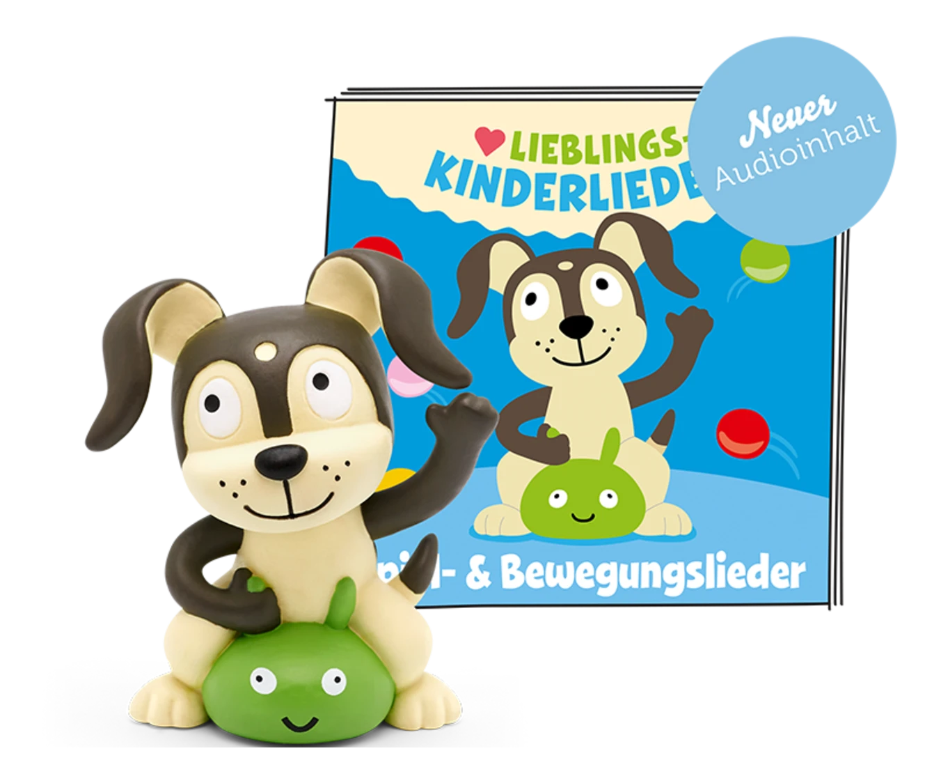 Hundefigur mit einem Buch. Das Buch sagt 'Lieblings Kinderlieder!' mit Hund und grüner Kreatur.
