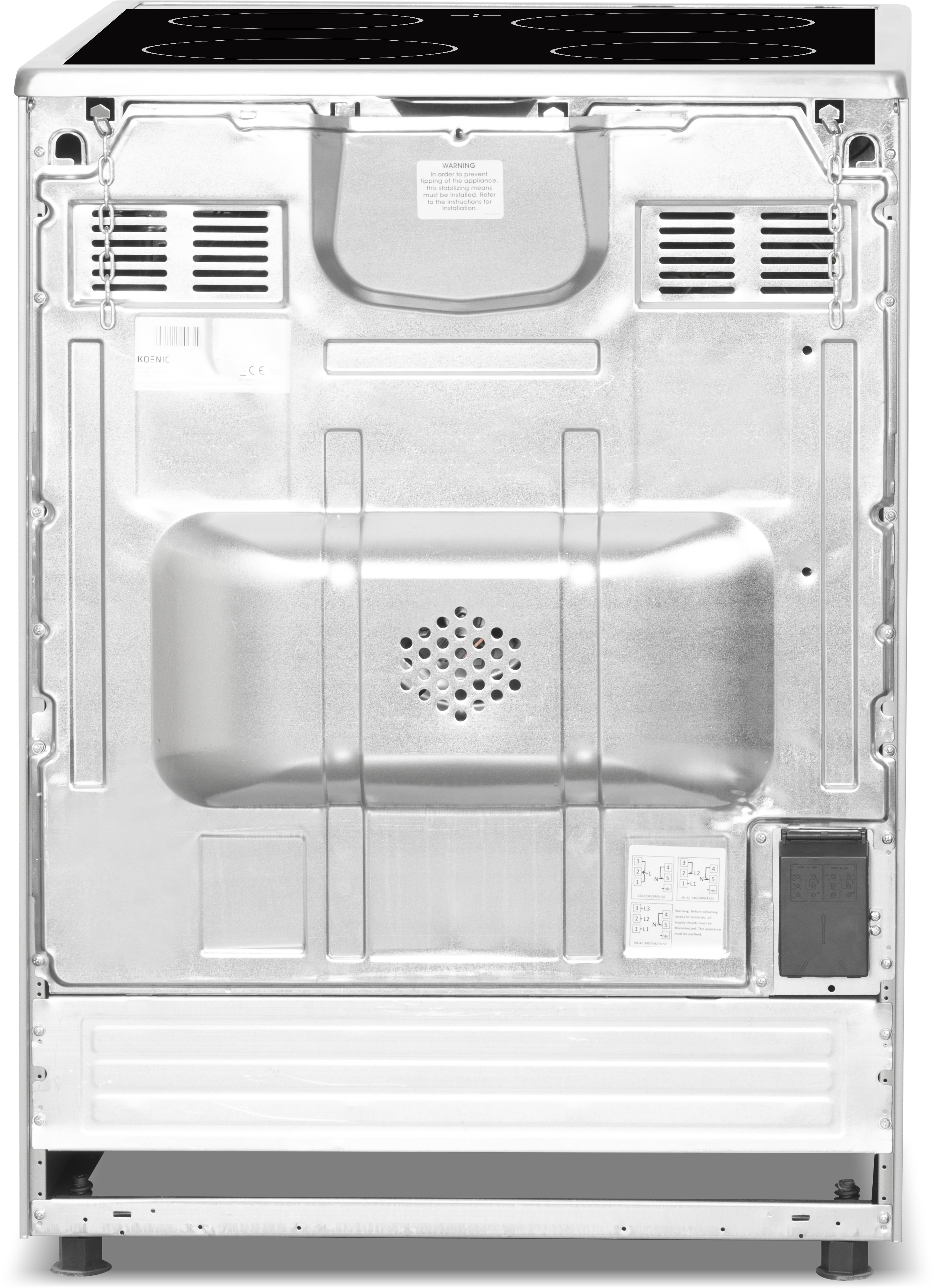 Achterkant van een witte oven. Inclusief ventilatieopeningen, schroeven, labels en de onderste poten. Metalen oppervlak en wat wit plastic.