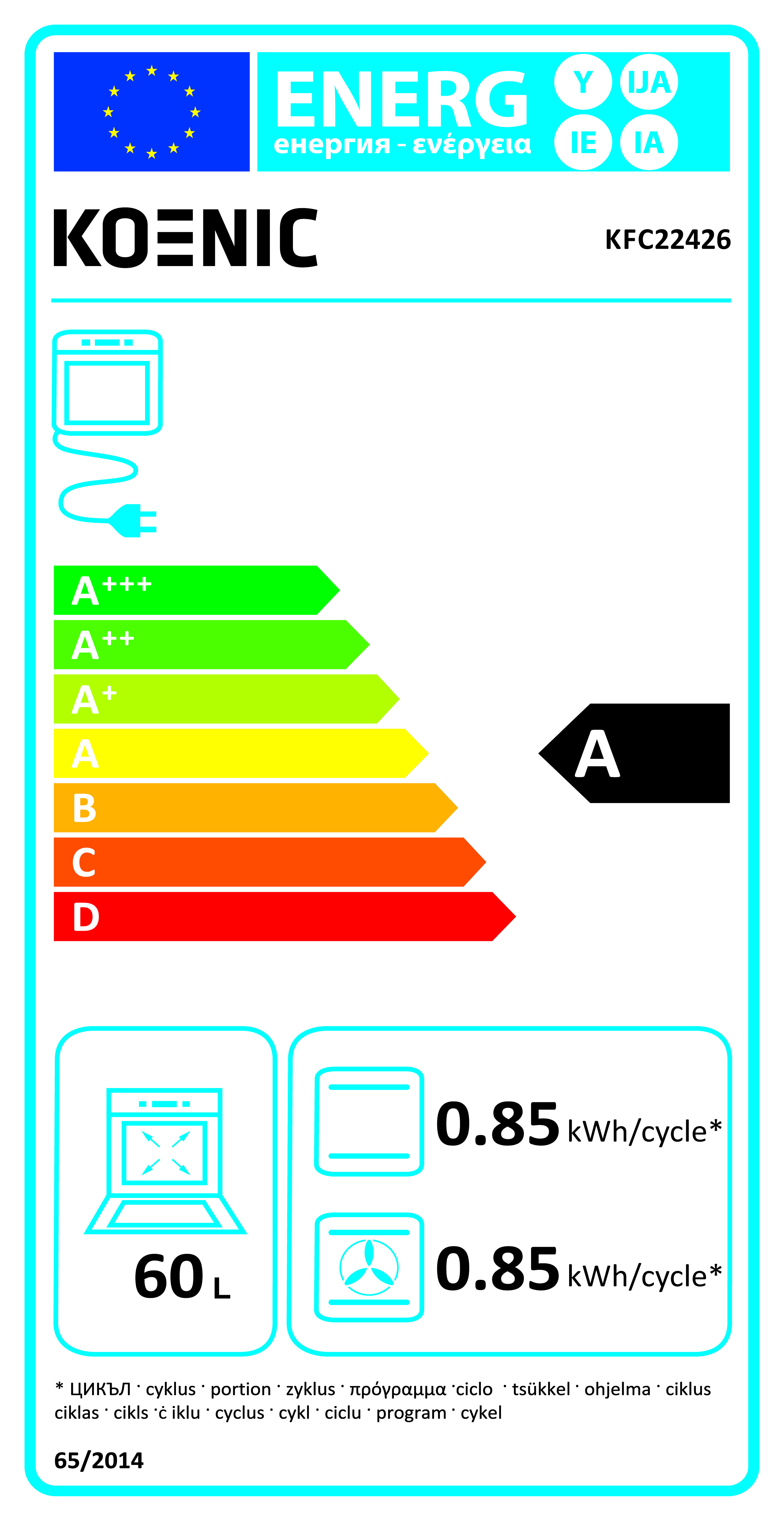 Energielabel voor een Koenic oven. Energieklasse A, toont verbruik per cyclus.