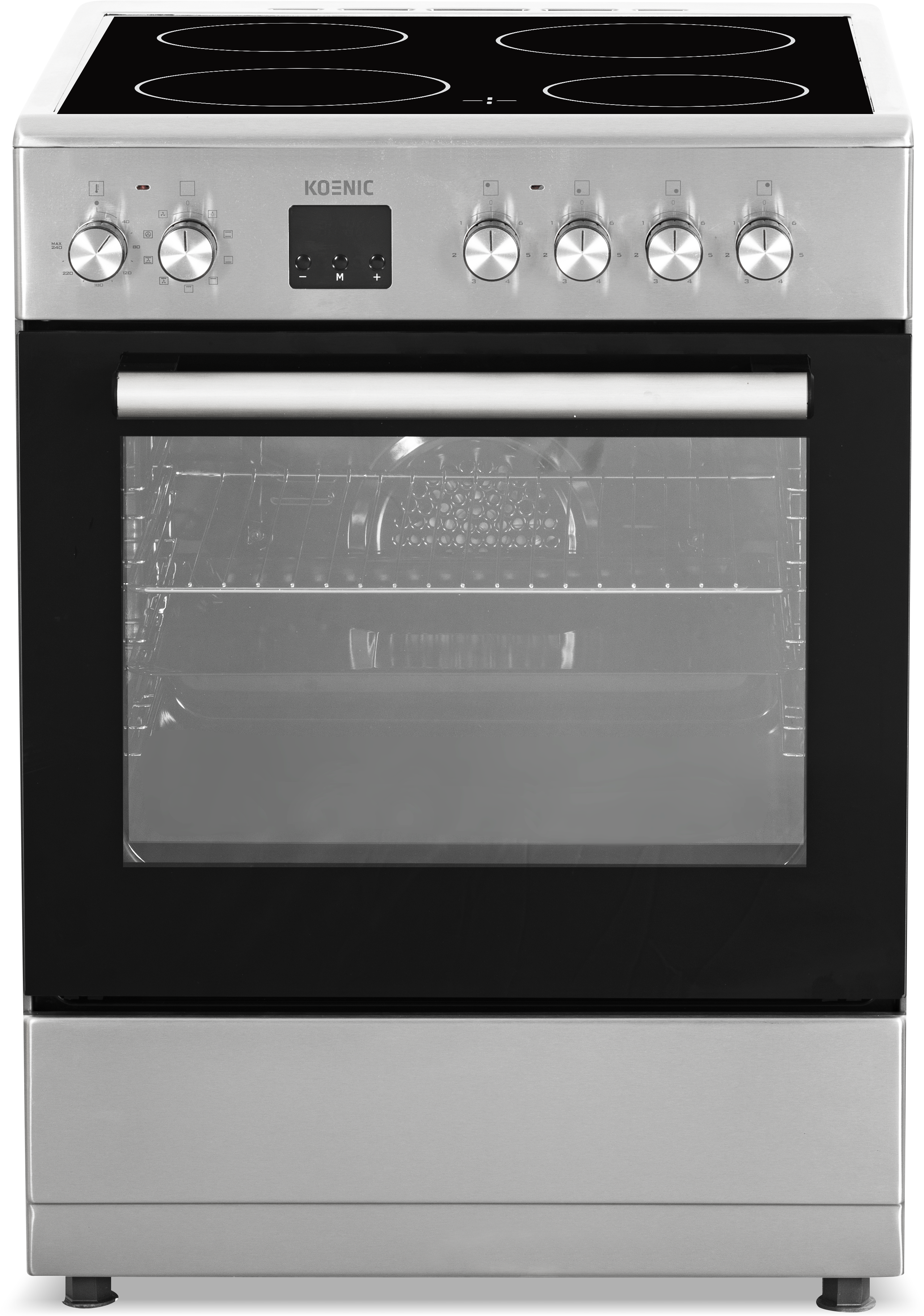 Een zilveren Koenic elektrische kookplaat met een zwarte ovendeur. Bediening zit bovenop, met vier branders en een digitaal display.