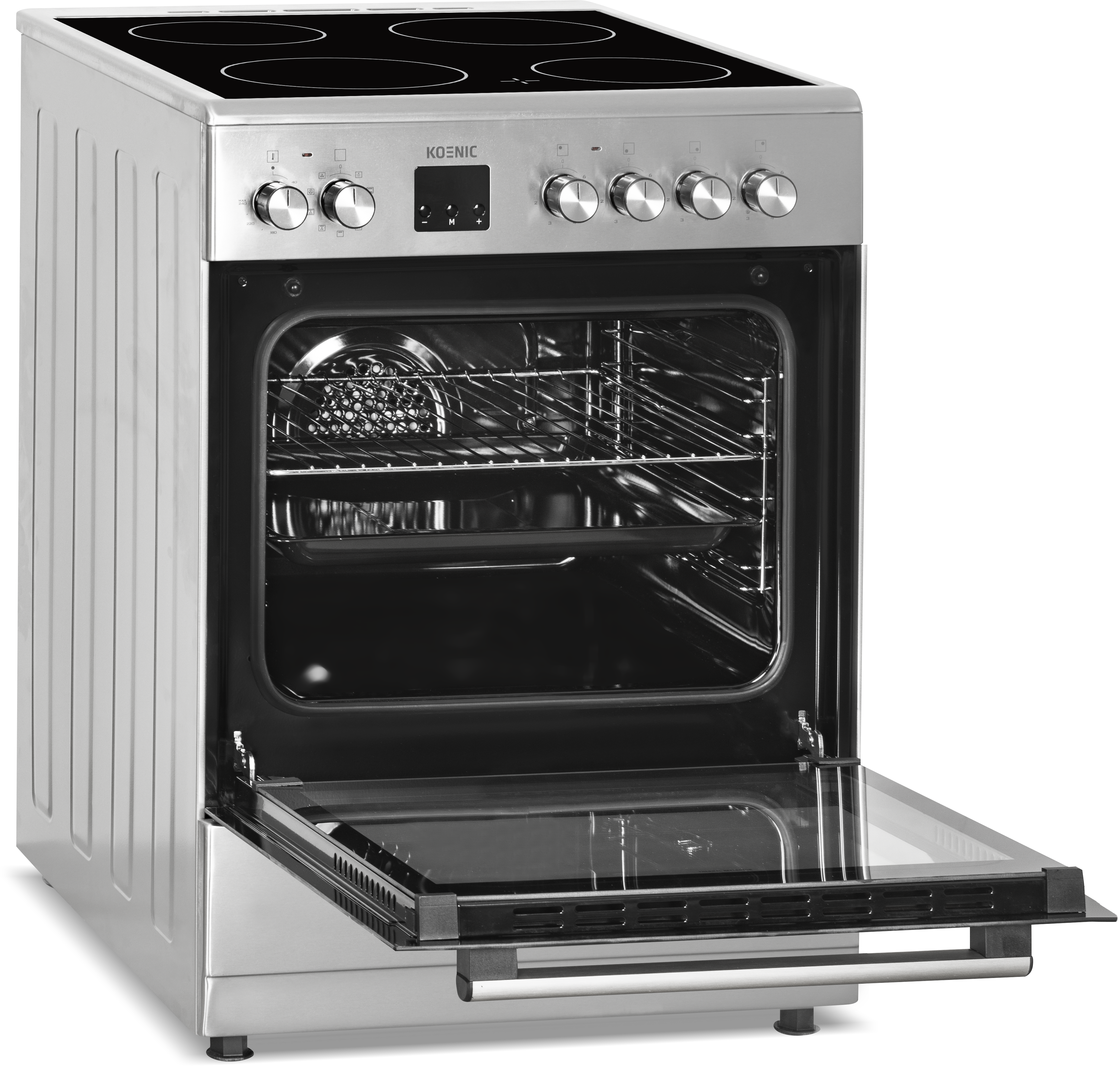 Zilveren oven met de deur open, met roosters en interieur.