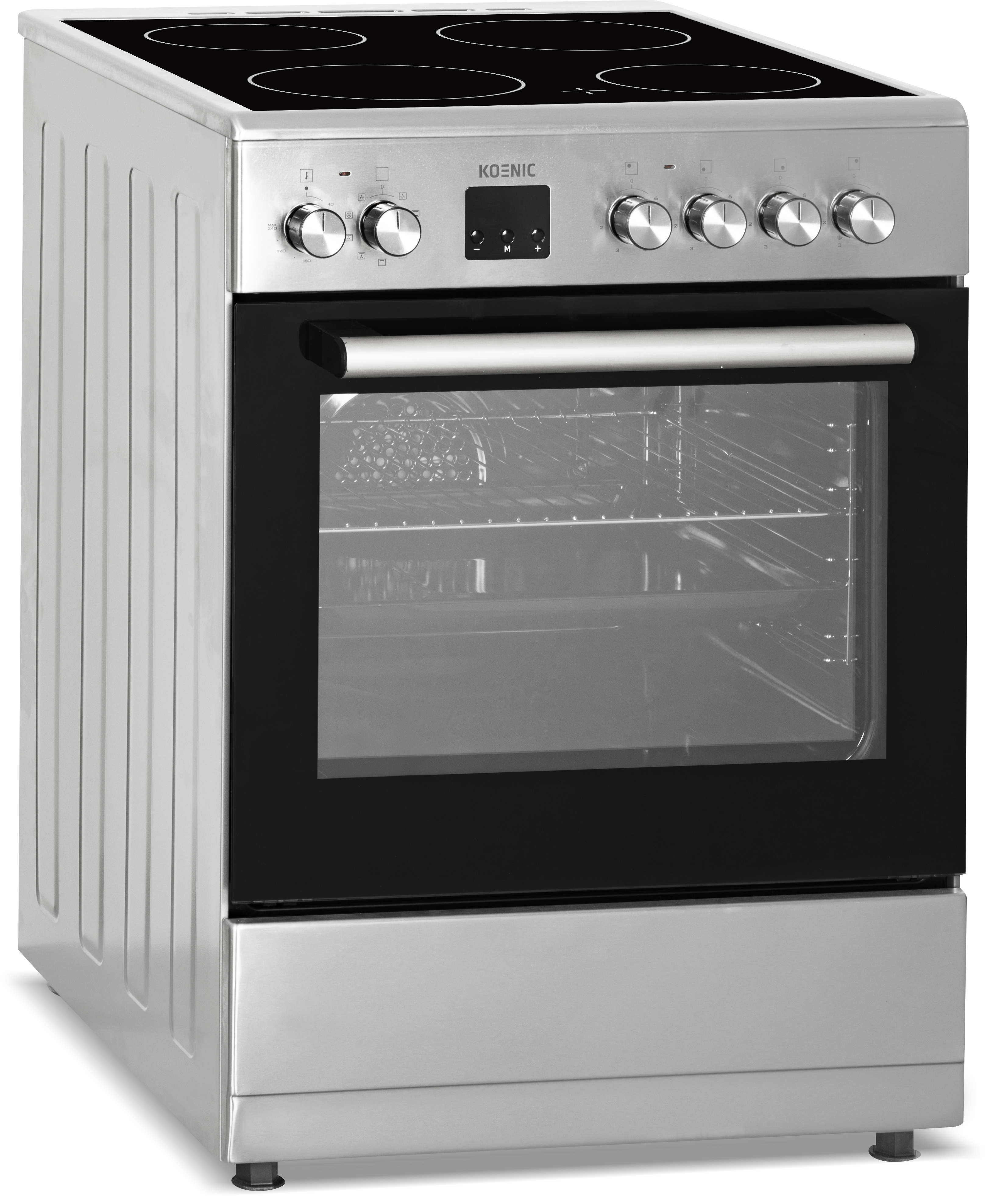 Een roestvrijstalen oven met een zwarte glazen deur en een kookplaat erbovenop.
