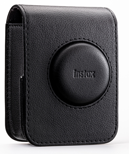 Black leather Instax camera case, with a round button and the word 'instax' on it.