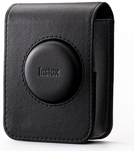 A black leather Instax camera case.