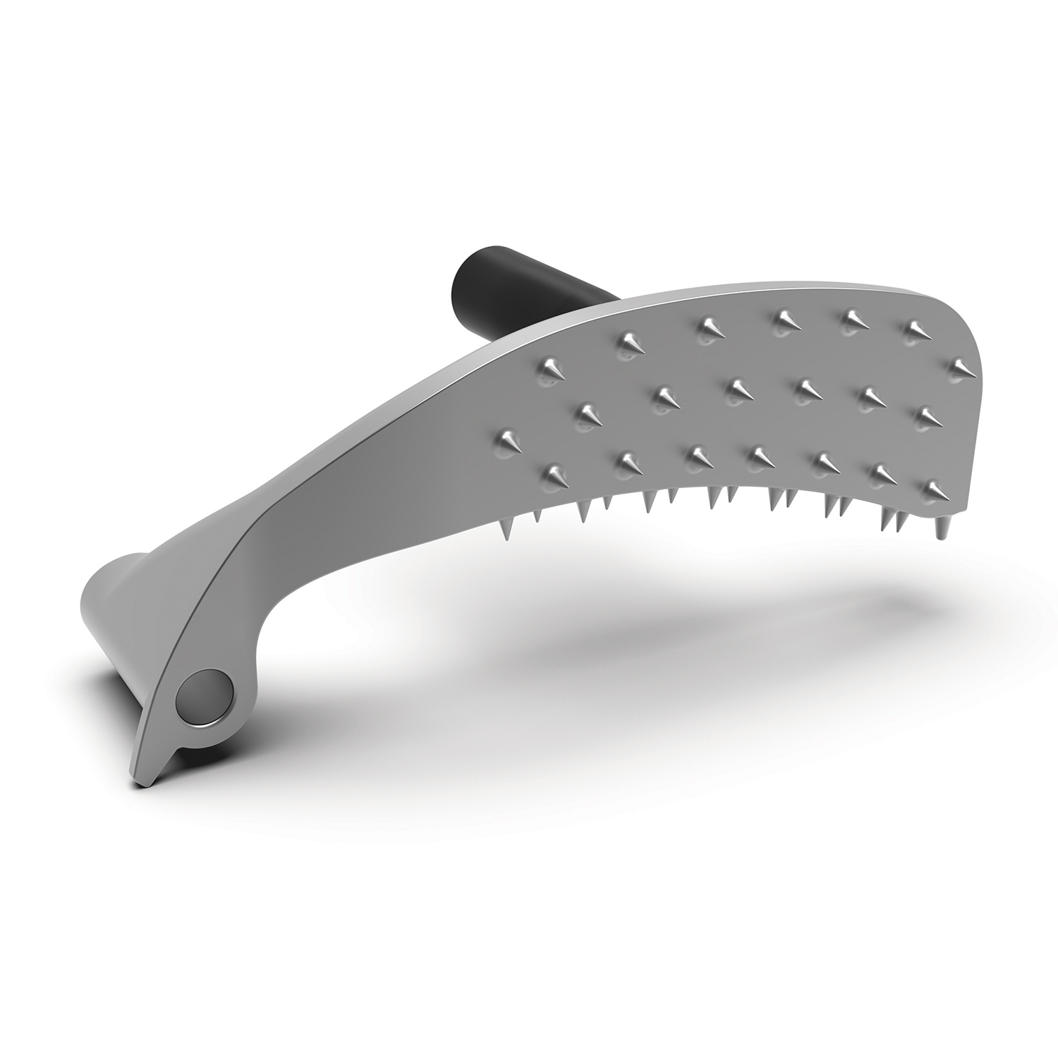 Utensile in metallo con punte e manico nero, sfondo bianco.