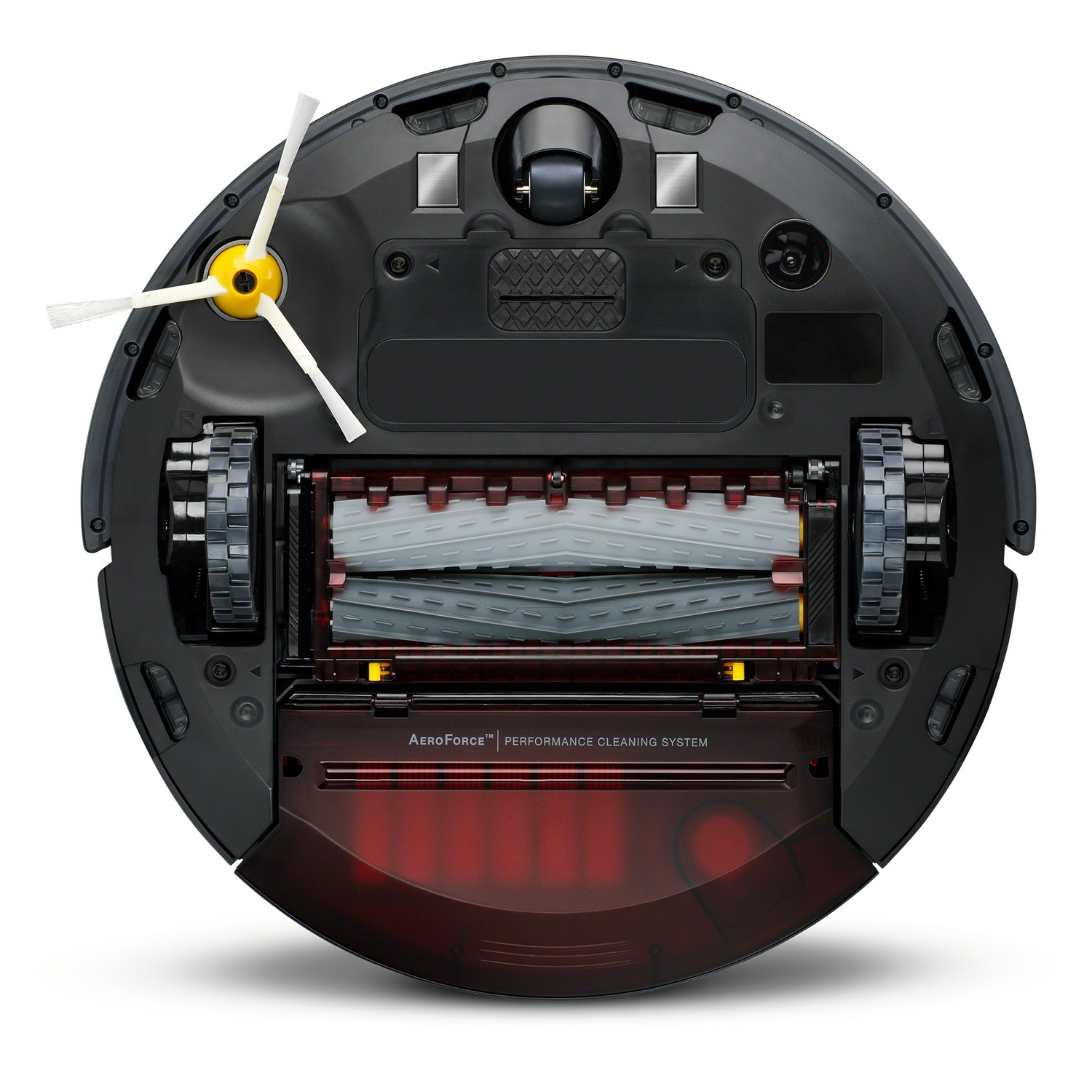Parte inferior de una aspiradora Roomba negra con cepillos y ruedas.
