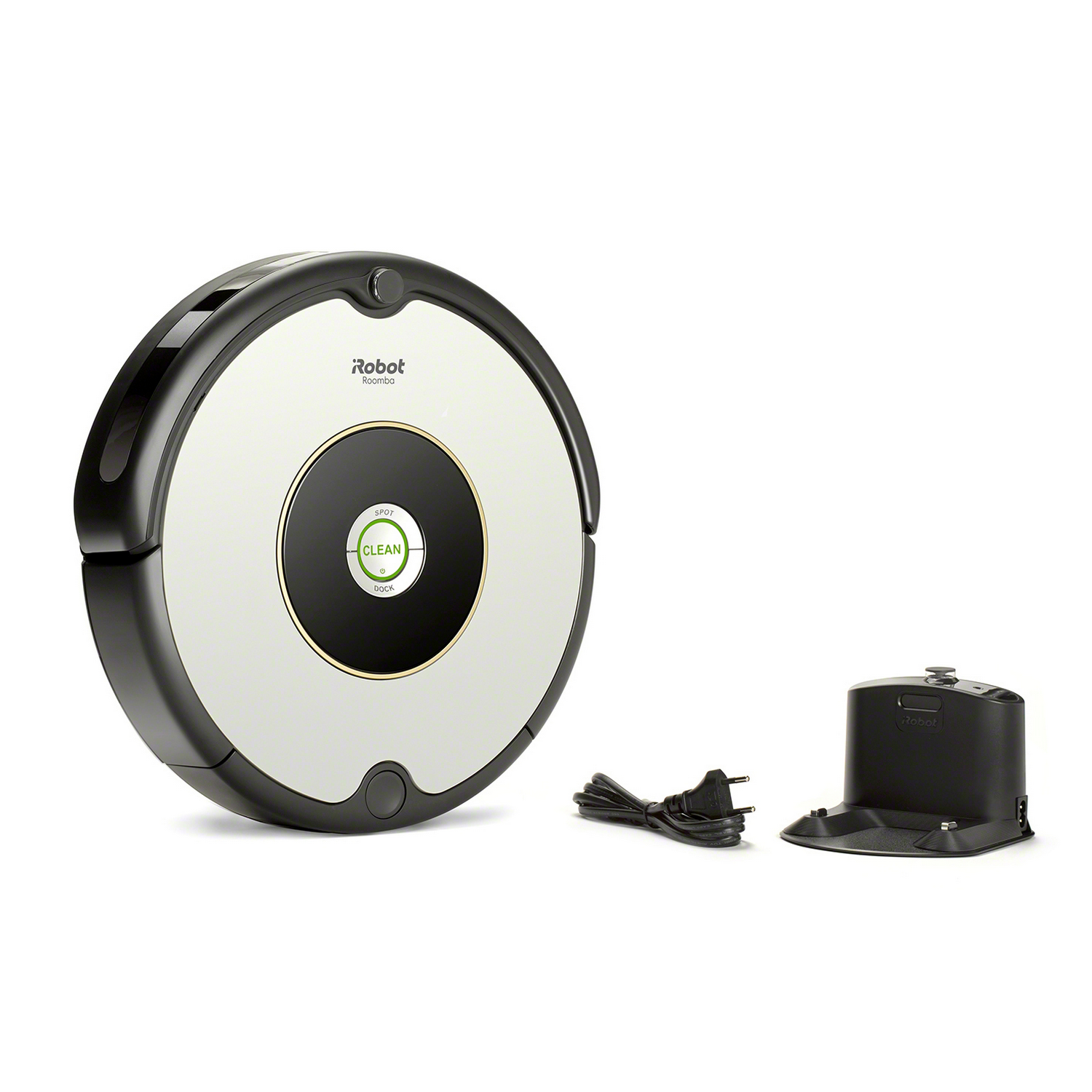 Aspiradora robot, diseño circular blanco y negro, con base de carga.