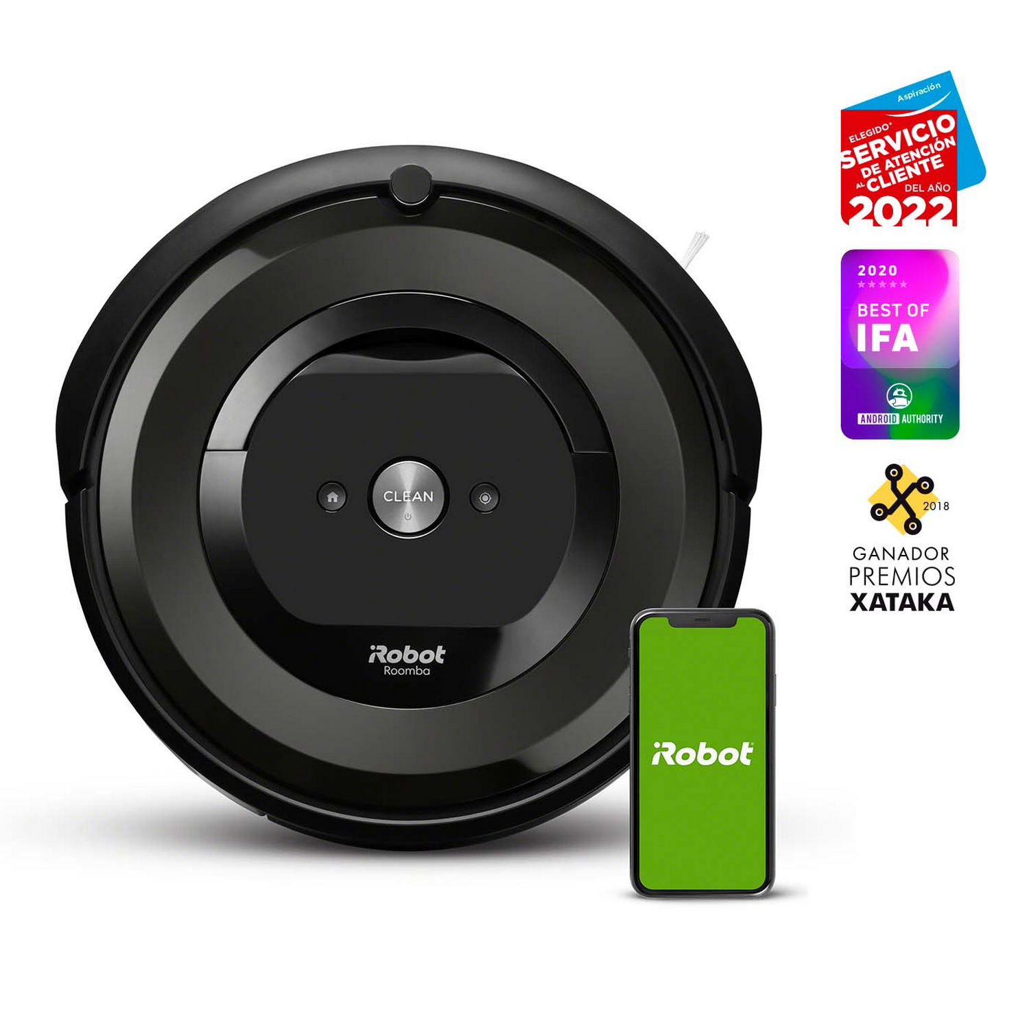 Una aspiradora robot Roomba negra con un teléfono inteligente que muestra la aplicación iRobot.