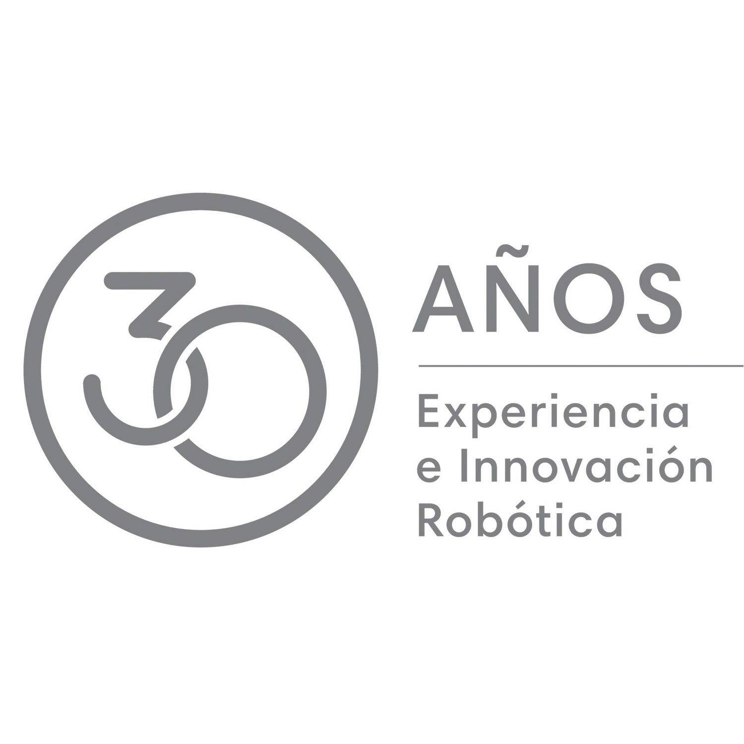 Logotipo gris con el número 30 dentro de un círculo y el texto 'Años Experiencia e Innovación Robótica'.
