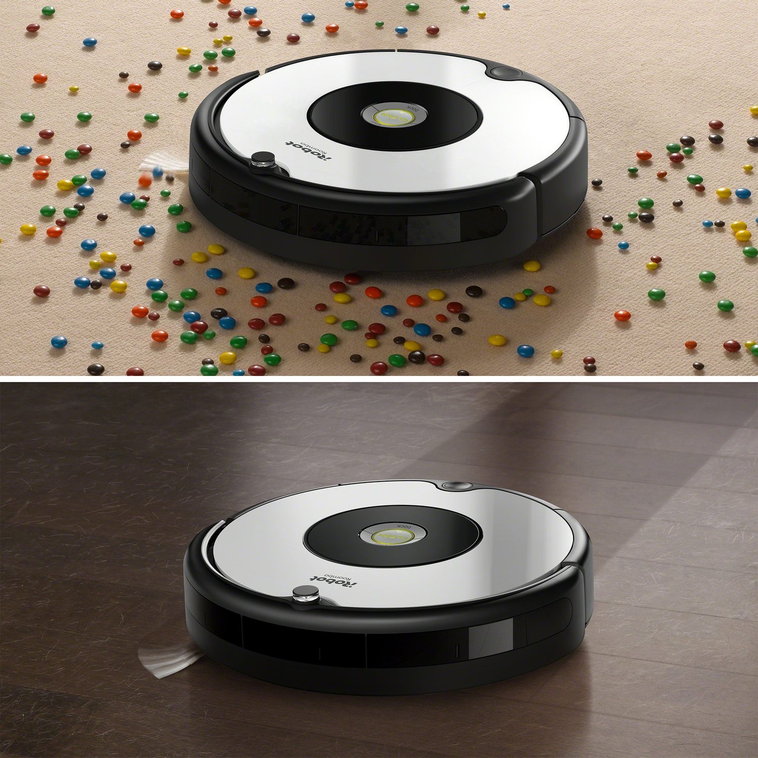 Dos robots aspiradores en diferentes pisos. Uno está sobre una alfombra con objetos coloridos, el otro sobre madera.