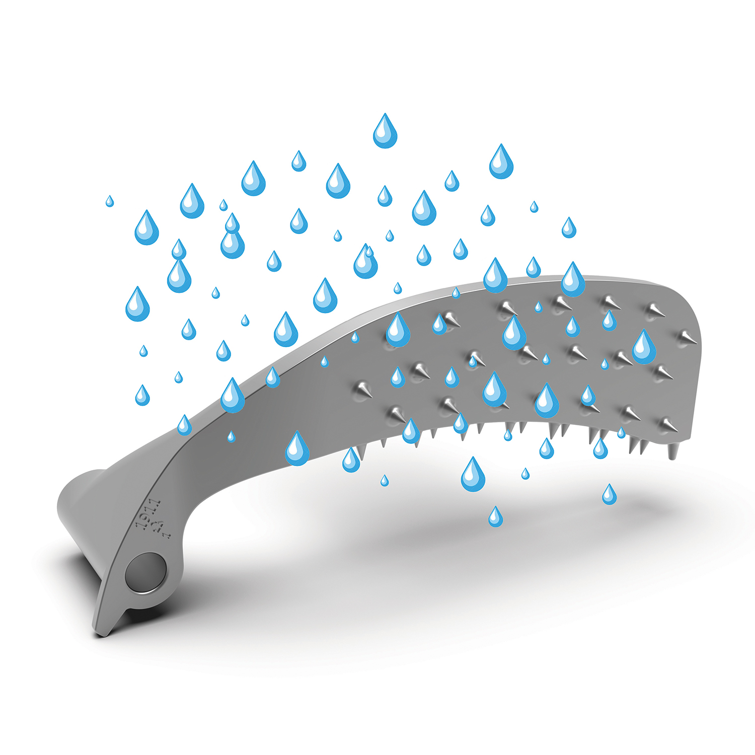 Strumento per massaggio argentato con punte e gocce d'acqua blu, sfondo bianco.