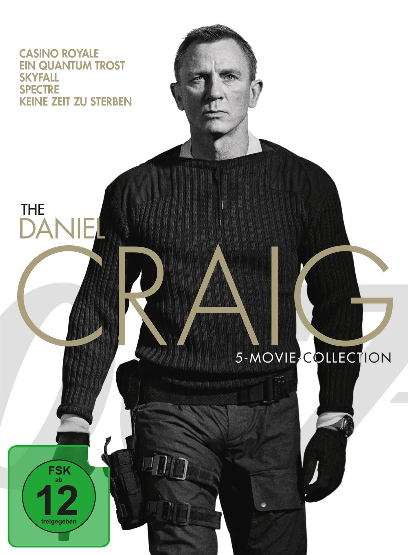 Filmposter für die Daniel Craig 5-Movie-Collection. Daniel Craig ist in der Mitte in einem schwarzen Pullover.