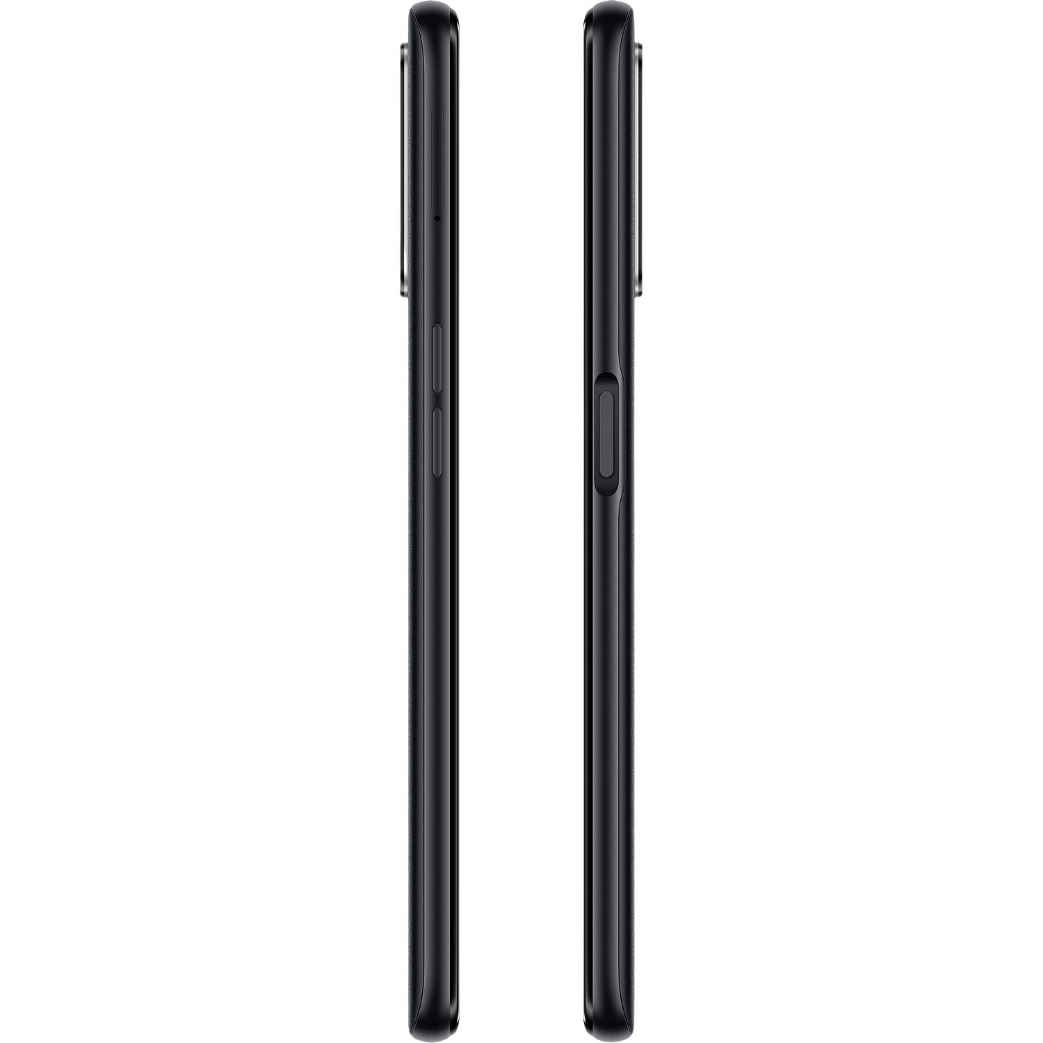 Dos vistas laterales de un teléfono móvil negro sobre un fondo negro.