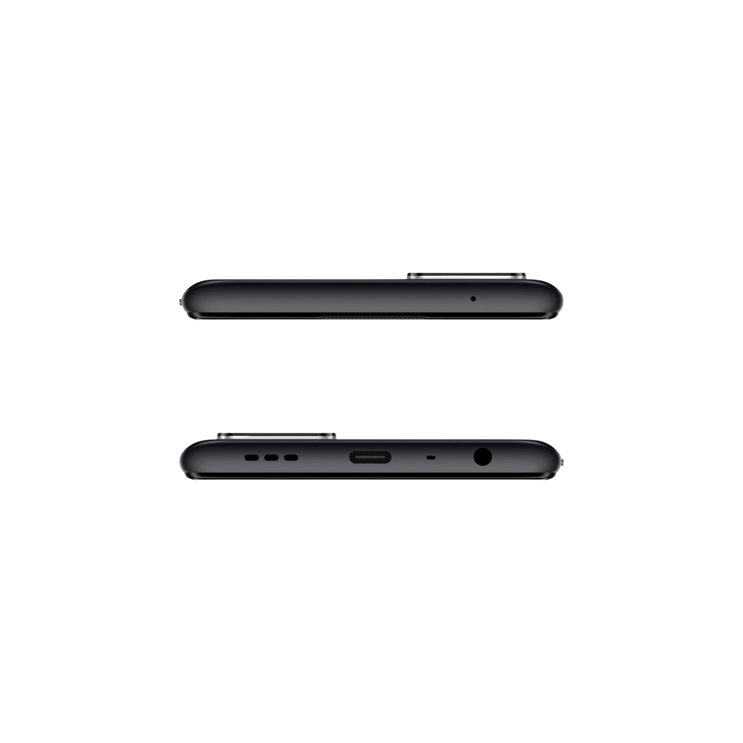 Vista superior e inferior de un teléfono inteligente negro. Muestra puertos y funciones en los bordes.