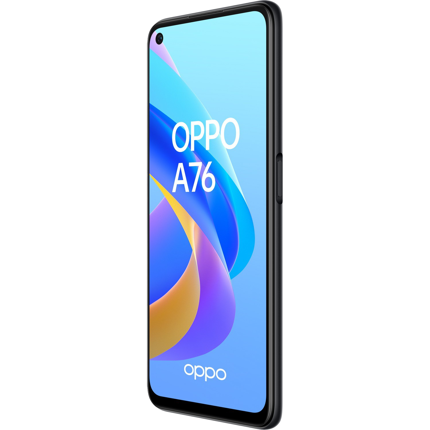 Se muestra un teléfono inteligente negro, un Oppo A76, en vista lateral, con una pantalla colorida.