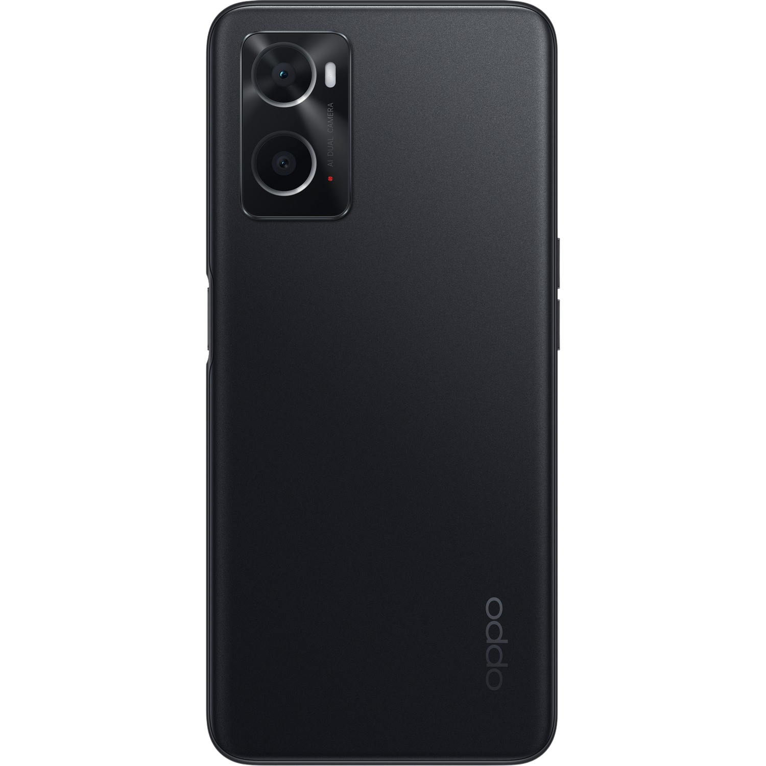 Parte trasera del teléfono Oppo negro, con cámaras duales y logotipo Oppo sobre fondo negro.