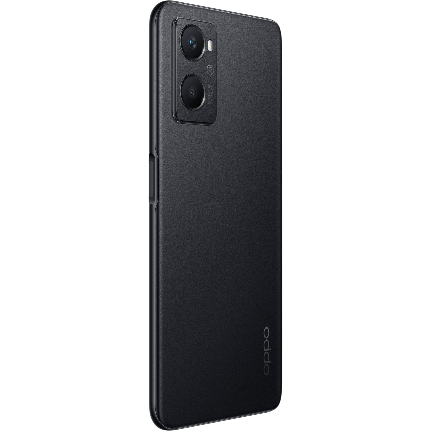 Teléfono Oppo negro, mostrando la parte trasera con cámaras y el logo Oppo.