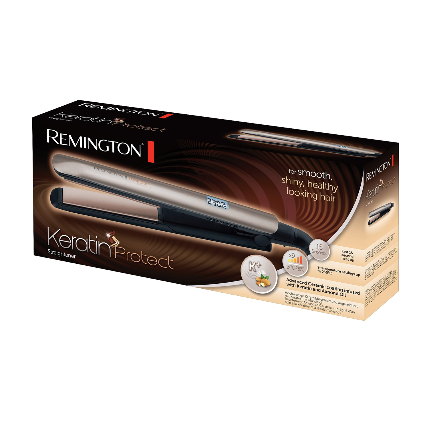 Una scatola di piastra per capelli Remington Keratin Protect con la piastra all'interno.